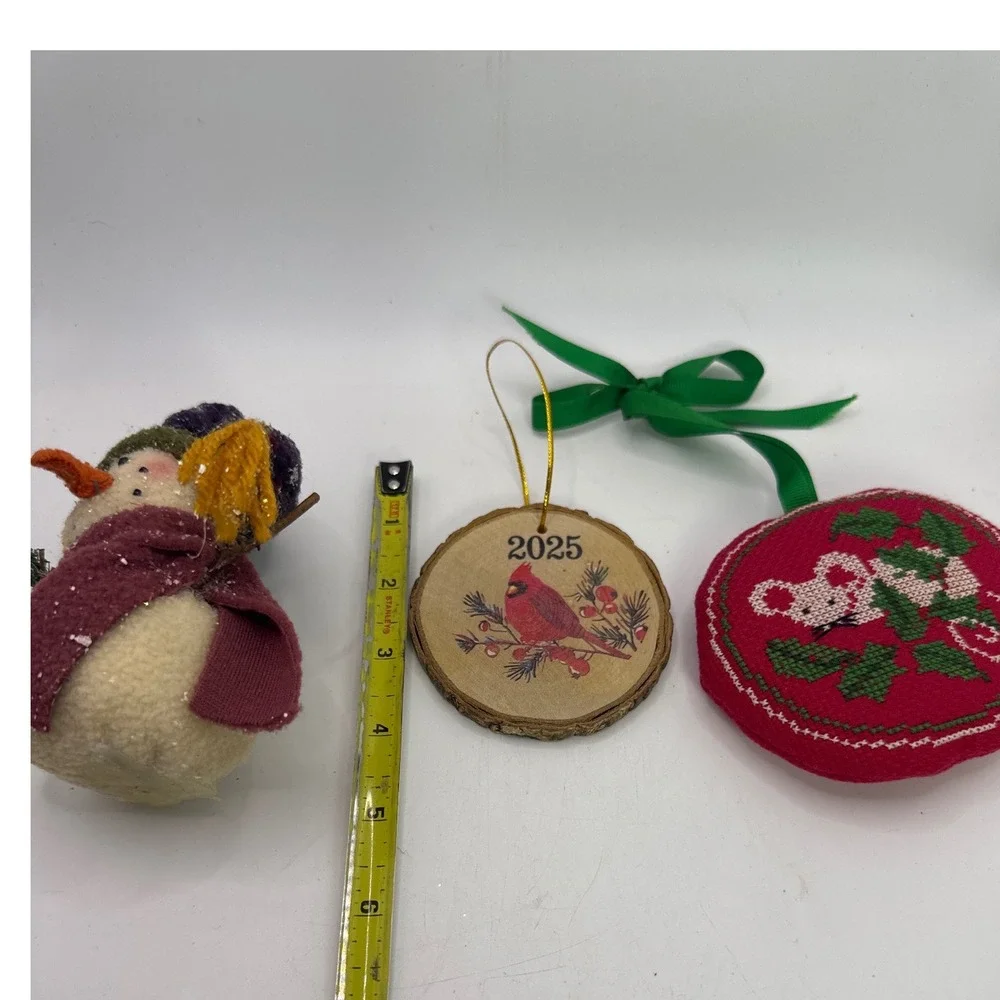 Vintage Christmas Ornament Lot 3pc 1981 Cross Stitch Mouse 2025 Cardinal Snowman